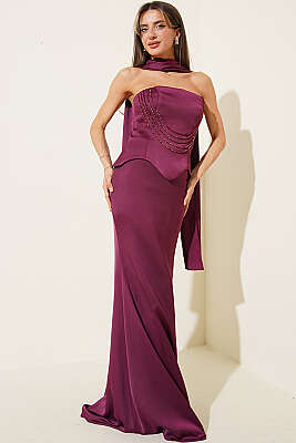 Straplez Önü Taşlı Abiye Elbise Mürdüm - DANS LİFE