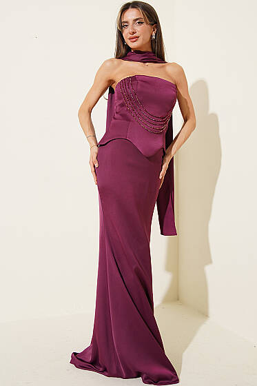 Straplez Önü Taşlı Abiye Elbise Mürdüm - Kadın Giyim Modelleri