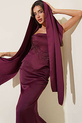 Straplez Önü Taşlı Abiye Elbise Mürdüm - Kadın Giyim Modelleri