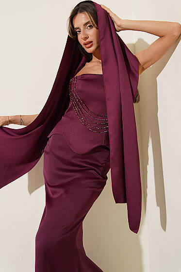 Straplez Önü Taşlı Abiye Elbise Mürdüm - Kadın Giyim Modelleri