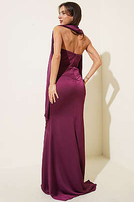 Straplez Önü Taşlı Abiye Elbise Mürdüm - Kadın Giyim Modelleri