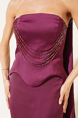 Straplez Önü Taşlı Abiye Elbise Mürdüm - Kadın Giyim Modelleri