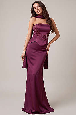 Straplez Önü Taşlı Abiye Elbise Mürdüm - DANS LİFE