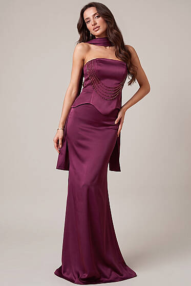 Straplez Önü Taşlı Abiye Elbise Mürdüm - Kadın Giyim Modelleri