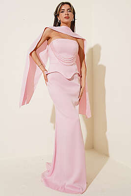 Straplez Önü Taşlı Abiye Elbise Pudra - Kadın Giyim Modelleri