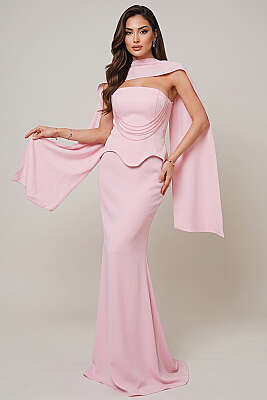 Straplez Önü Taşlı Abiye Elbise Pudra - DANS LİFE