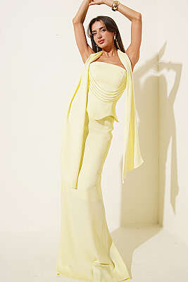 Straplez Önü Taşlı Abiye Elbise Sarı - DANS LİFE