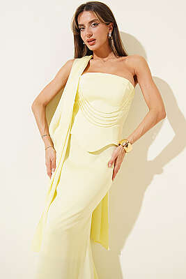 Straplez Önü Taşlı Abiye Elbise Sarı - Kadın Giyim Modelleri