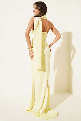 Straplez Önü Taşlı Abiye Elbise Sarı - Kadın Giyim Modelleri