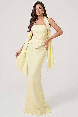 Straplez Önü Taşlı Abiye Elbise Sarı - DANS LİFE