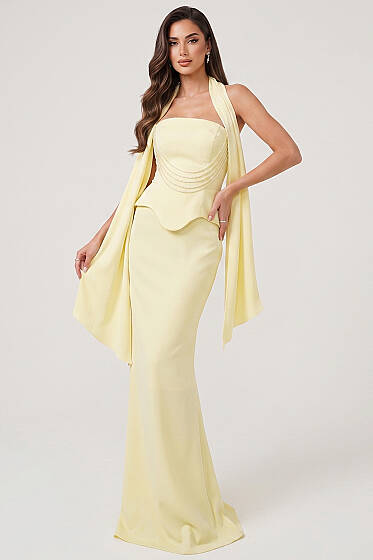 Straplez Önü Taşlı Abiye Elbise Sarı - Kadın Giyim Modelleri