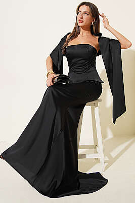 Straplez Önü Taşlı Abiye Elbise Siyah - DANS LİFE