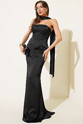 Straplez Önü Taşlı Abiye Elbise Siyah - Kadın Giyim Modelleri