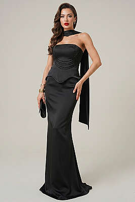 Straplez Önü Taşlı Abiye Elbise Siyah - DANS LİFE