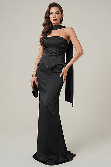 Straplez Önü Taşlı Abiye Elbise Siyah - Kadın Giyim Modelleri