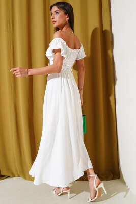 Straplez Yaka Bel Lastikli Elbise Ekru - Kadın Giyim Modelleri