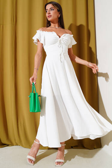 Straplez Yaka Bel Lastikli Elbise Ekru - Kadın Giyim Modelleri