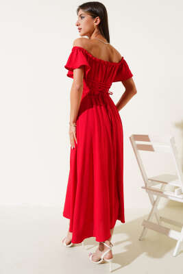 Straplez Yaka Bel Lastikli Elbise Kırmızı - Kadın Giyim Modelleri