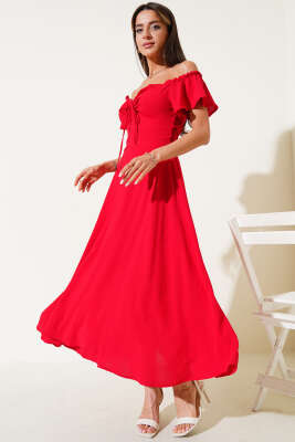 Straplez Yaka Bel Lastikli Elbise Kırmızı - Kadın Giyim Modelleri