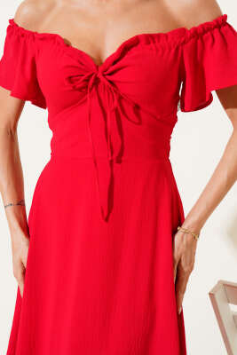 Straplez Yaka Bel Lastikli Elbise Kırmızı - Kadın Giyim Modelleri