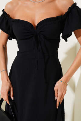 Straplez Yaka Bel Lastikli Elbise Siyah - Kadın Giyim Modelleri