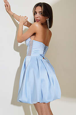 Straplez Yaka Mini Abiye Elbise Bebe Mavi - DANS LİFE