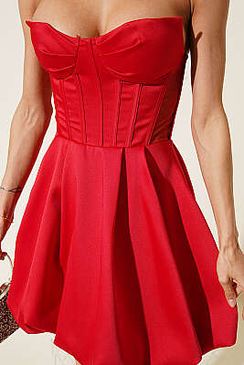 Straplez Yaka Mini Abiye Elbise Kırmızı - Kadın Giyim Modelleri