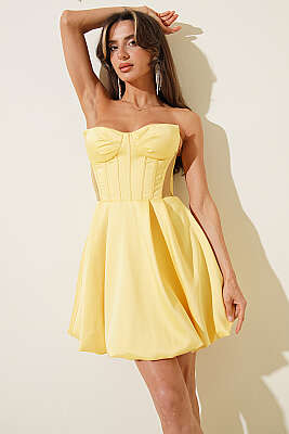 Straplez Yaka Mini Abiye Elbise Sarı - DANS LİFE