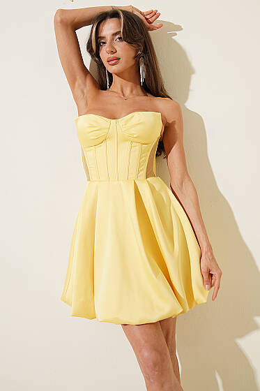 Straplez Yaka Mini Abiye Elbise Sarı - Kadın Giyim Modelleri