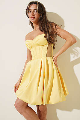 Straplez Yaka Mini Abiye Elbise Sarı - Kadın Giyim Modelleri