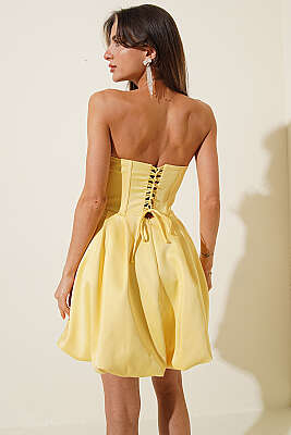 Straplez Yaka Mini Abiye Elbise Sarı - Kadın Giyim Modelleri