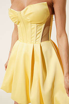 Straplez Yaka Mini Abiye Elbise Sarı - Kadın Giyim Modelleri