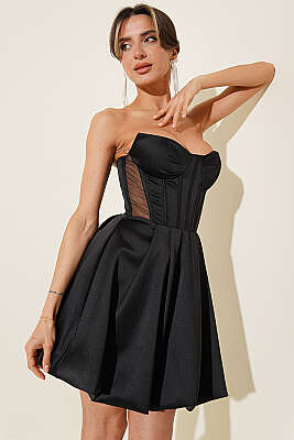 Straplez Yaka Mini Abiye Elbise Siyah - DANS LİFE