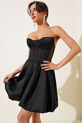 Straplez Yaka Mini Abiye Elbise Siyah - Kadın Giyim Modelleri