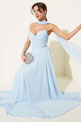 Straplez Yaka Şifon Abiye Elbise Bebe Mavi - DANS LİFE