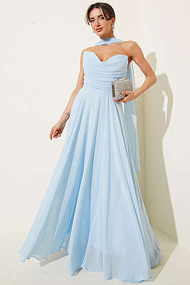 Straplez Yaka Şifon Abiye Elbise Bebe Mavi - Kadın Giyim Modelleri