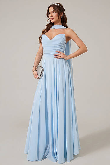 Straplez Yaka Şifon Abiye Elbise Bebe Mavi - Kadın Giyim Modelleri