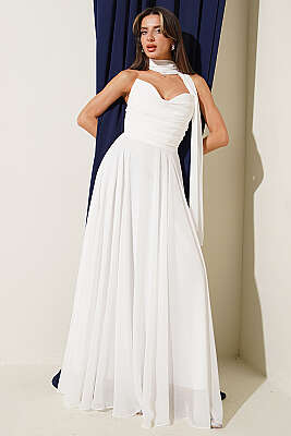 Straplez Yaka Şifon Abiye Elbise Ekru - DANS LİFE