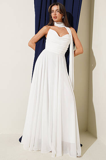 Straplez Yaka Şifon Abiye Elbise Ekru - Kadın Giyim Modelleri