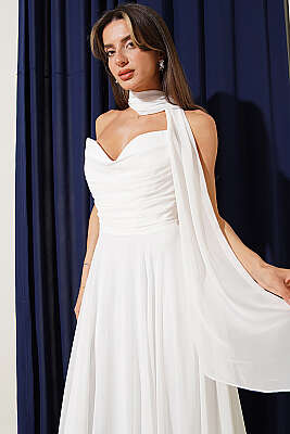 Straplez Yaka Şifon Abiye Elbise Ekru - Kadın Giyim Modelleri