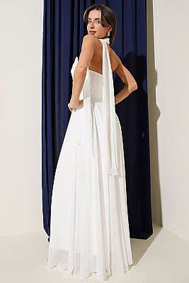 Straplez Yaka Şifon Abiye Elbise Ekru - Kadın Giyim Modelleri