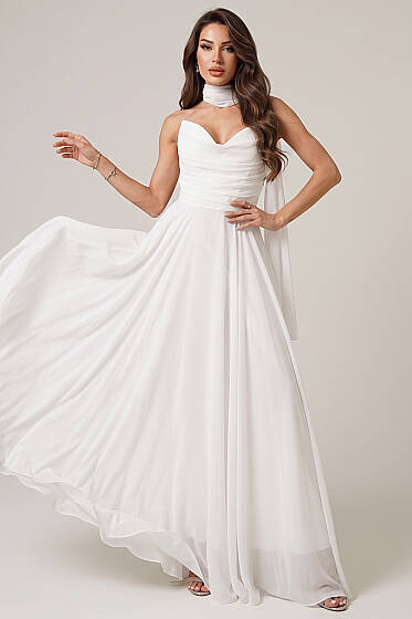 Straplez Yaka Şifon Abiye Elbise Ekru - Kadın Giyim Modelleri