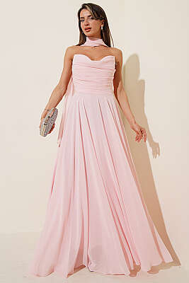 Straplez Yaka Şifon Abiye Elbise Pudra - DANS LİFE