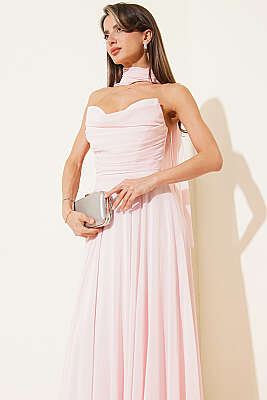 Straplez Yaka Şifon Abiye Elbise Pudra - Kadın Giyim Modelleri