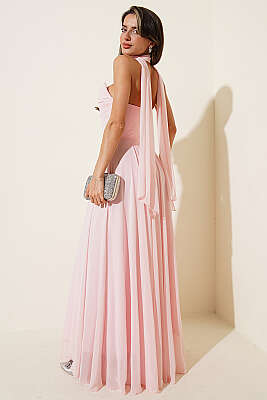 Straplez Yaka Şifon Abiye Elbise Pudra - Kadın Giyim Modelleri