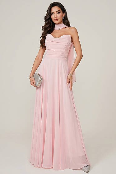 Straplez Yaka Şifon Abiye Elbise Pudra - Kadın Giyim Modelleri