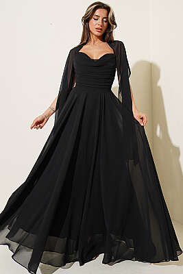 Straplez Yaka Şifon Abiye Elbise Siyah - DANS LİFE