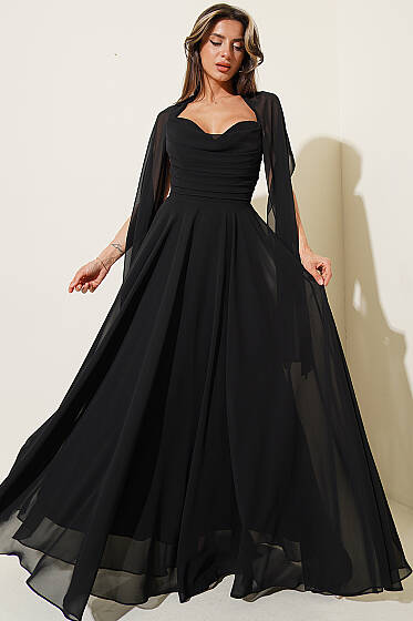 Straplez Yaka Şifon Abiye Elbise Siyah - Kadın Giyim Modelleri