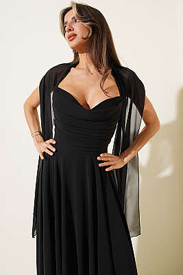 Straplez Yaka Şifon Abiye Elbise Siyah - Kadın Giyim Modelleri