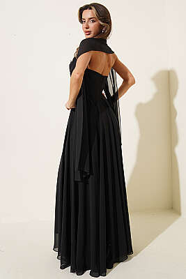 Straplez Yaka Şifon Abiye Elbise Siyah - Kadın Giyim Modelleri